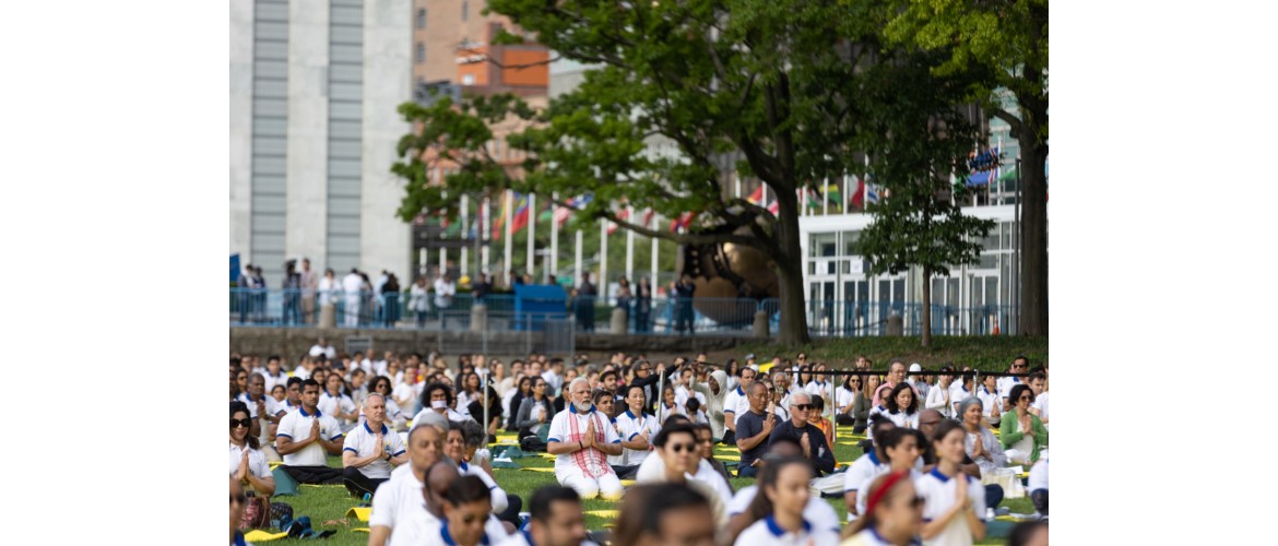 Prime Minister Narendra Modi taking part in the 9th International Day of Yoga at United Nations in June 2023.